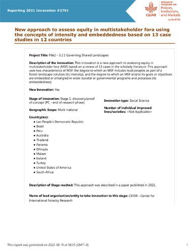 New approach to assess equity in multistakeholder fora using the concepts of intensity and embeddedness based on 13 case studies in 12 countries