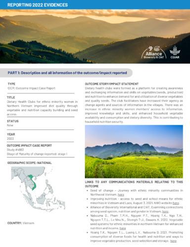 Dietary health clubs for ethnic minority women in Northern Vietnam improved diet quality through vegetable and nutrition capacity building and seed access.