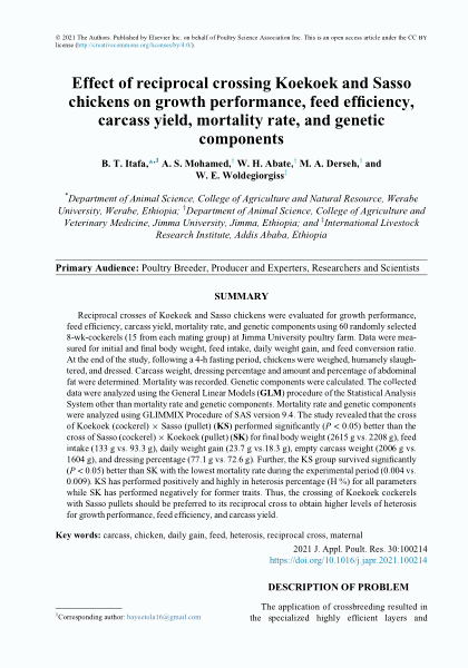 Effect of reciprocal crossing Koekoek and Sasso chickens on growth performance, feed efficiency, carcass yield, mortality rate, and genetic components