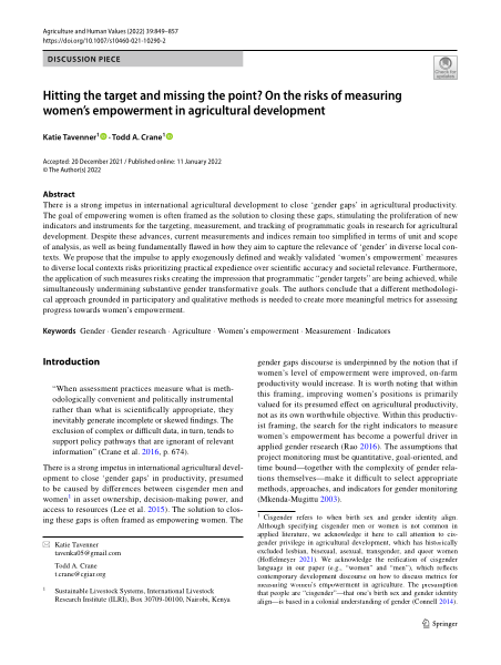 Hitting the target and missing the point? On the risks of measuring women’s empowerment in agricultural development