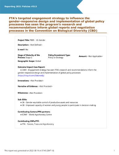 FTA's targeted engagement strategy to influence the gender-responsive design and implementation of global policy processes has seen the program’s research and recommendations inform global reports and negotiation processes in the Convention on Biological Diversity (CBD)