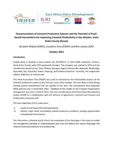 Characterization of livestock production systems and the potential of feed-based interventions for improving livestock productivity in Soy Division, Uasin Gishu County (Kenya)