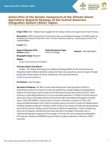 Action Plan of the Gender Component of the Climate-Smart Agriculture Regional Strategy of the Central American Integration System (SICA) region.