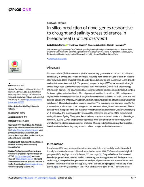 In-silico prediction of novel genes responsive to drought and salinity stress tolerance in bread wheat (Triticum aestivum)