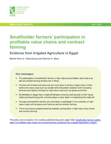 Smallholder farmers’ participation in profitable value chains and contract farming : Evidence from irrigated agriculture in Egypt