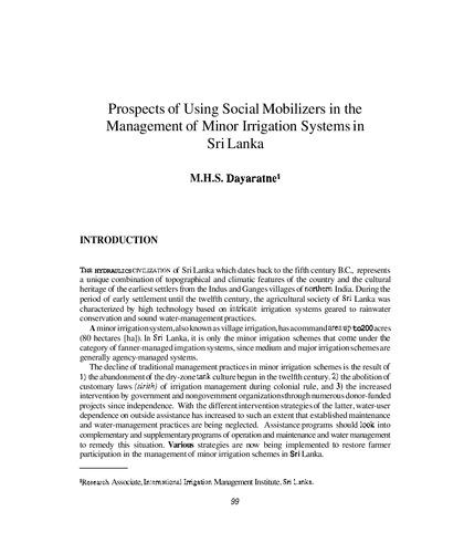 Prospects of using social mobilizers in the management of minor irrigation systems in Sri Lanka