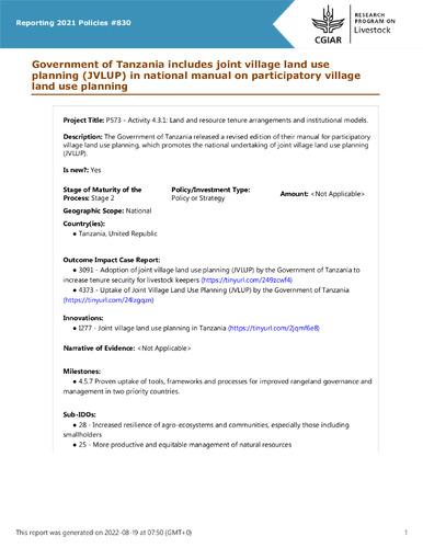 Government of Tanzania includes joint village land use planning (JVLUP) in national manual on participatory village land use planning