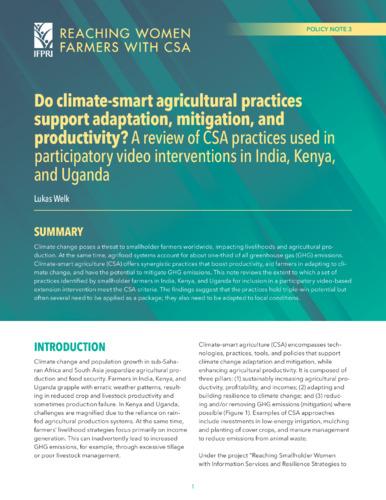 Do climate-smart agricultural practices support adaptation, mitigation and productivity? A review of CSA practices used in participatory video interventions in India, Kenya, and Uganda
