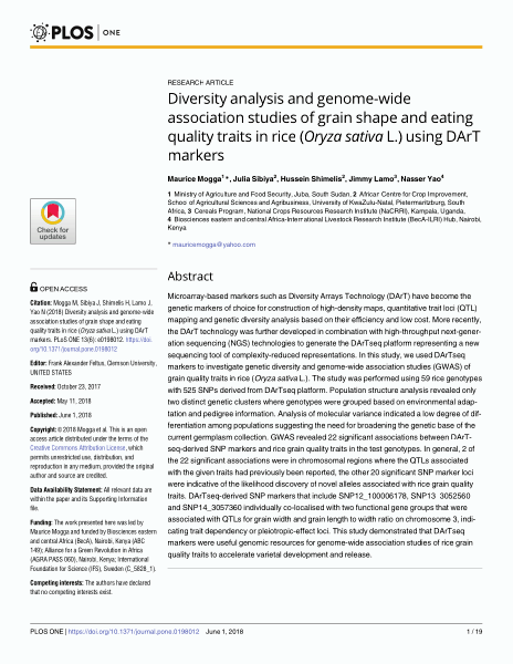 Diversity analysis and genome-wide association studies of grain shape and eating quality traits in rice (Oryza sativa L.) using DArT markers