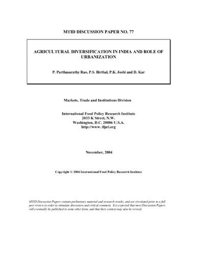 Agricultural diversification in India and role of urbanization