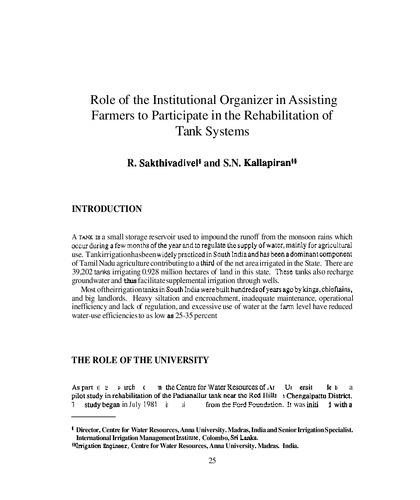 Role of the institutional organizer in assisting farmers to participate in the rehabilitation of tank systems