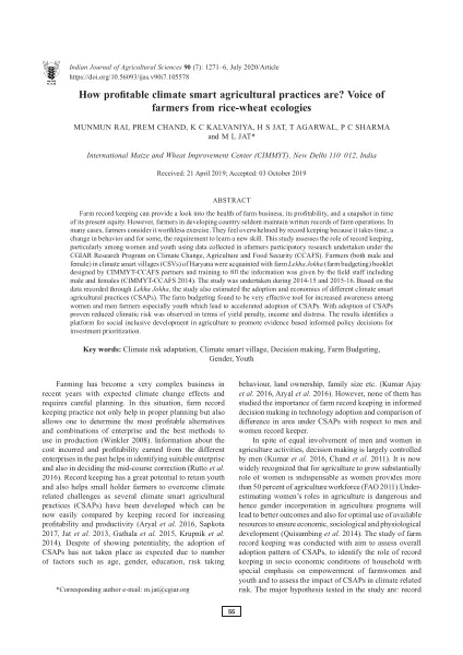 How profitable climate smart agricultural practices are? Voice of farmers from rice-wheat ecologies
