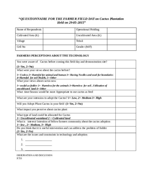 Questionnaire for the Farmer Field Day on Cactus Plantation Held on 29-05-2015