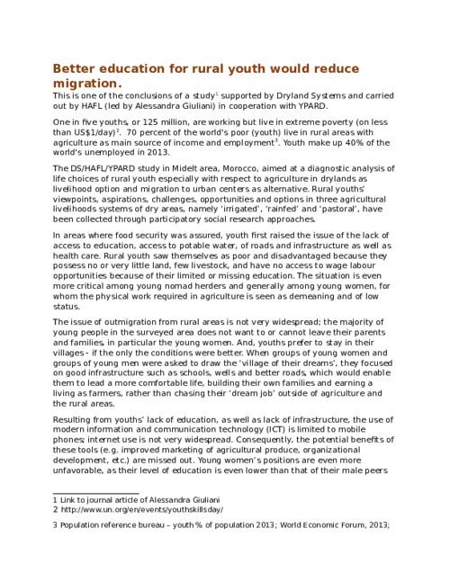 Education of youth in agriculture can reduce migration