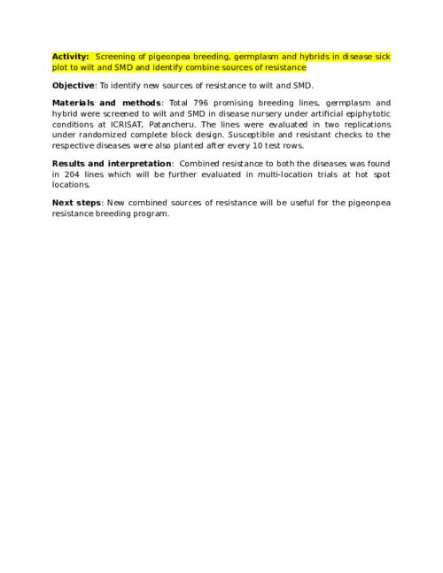 Screening of pigeonpea breeding, germplasm and hybrids in disease sick plot to wilt and SMD and identify combine sources of resistance