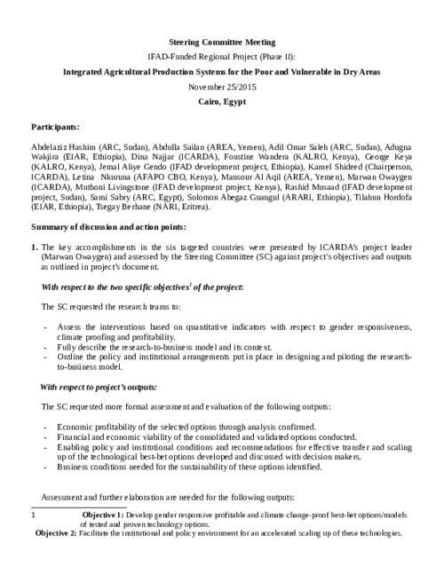 Integrated Agricultural Production Systems Nile Valley - SC Meeting Minutes Nov. 2015