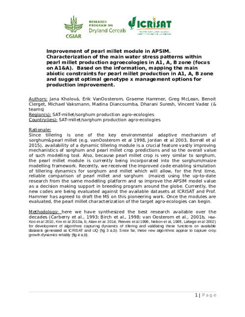 Improvement of pearl millet module in APSIM. Characterization of the main water stress patterns within pearl millet production agroecologies in A1, A, B zone (focus on A1&A)