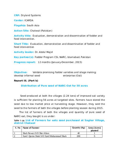 Distribution of Improved Oat variety seeds