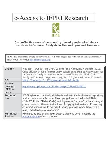Cost-effectiveness of community-based gendered advisory services to farmers: Analysis in Mozambique and Tanzania