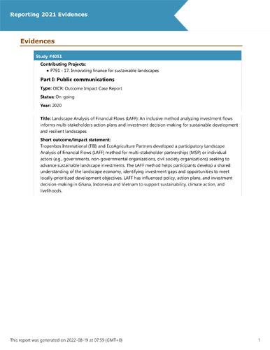 Landscape Analysis of Financial Flows (LAFF): An inclusive method analyzing investment flows informs multi-stakeholders action plans and investment decision-making for sustainable development and resilient landscapes