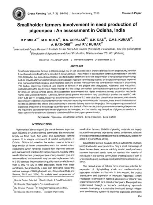 Smallholder farmers involvement in seed production of pigeonpea : An assessment in Odisha, India