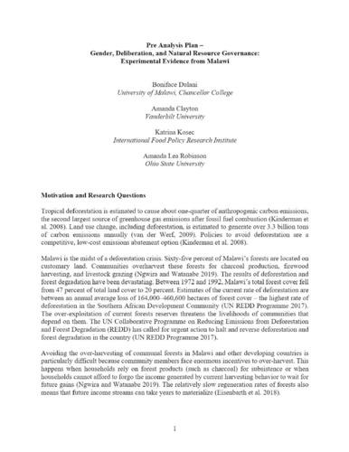 Gender, Deliberation, and Natural Resource Governance: Experimental Evidence from Malawi