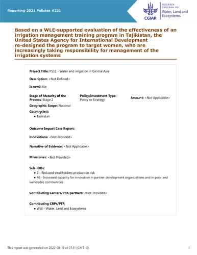 Based on a WLE-supported evaluation of the effectiveness of an irrigation management training program in Tajikistan, the United States Agency for International Development re-designed the program to target women, who are increasingly taking responsibility for management of the irrigation systems