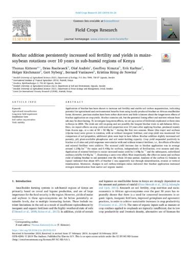 Biochar addition persistently increased soil fertility and yields in maizesoybean rotations over 10 years in sub-humid regions of Kenya