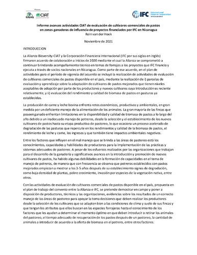 Informe avances actividades CIAT de evaluación de cultivares comerciales de pastos en zonas ganaderas de influencia de proyectos financiados por IFC en Nicaragua