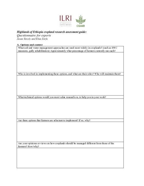 Highlands of Ethiopia cropland research assessment guide: Questionnaire for experts
