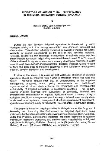 Indicators of agricultural performance in the Muda Irrigation Scheme, Malaysia