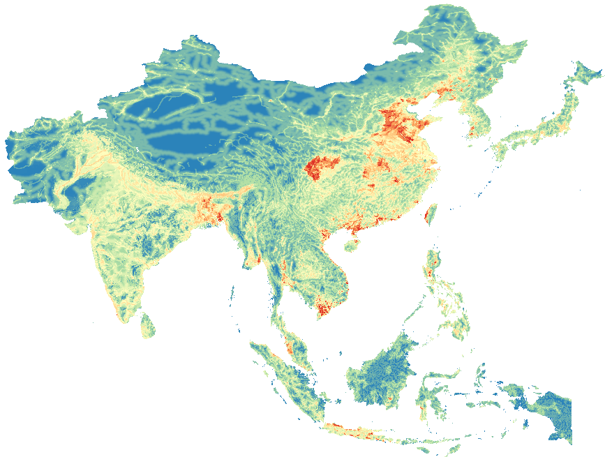Suitability map for Avian influenza, Asia: Cartes de favorabilité à l'occurrence de grippe aviaire, Asie