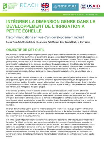 Intégrer la dimension genre dans le développement de l’irrigation à petite échelle: Recommandations en vue d’un développement inclusif