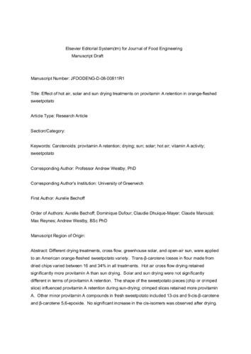 Effect of hot air, solar and sun drying treatments on protavitamin A retention in orange-fleshed sweetpotato