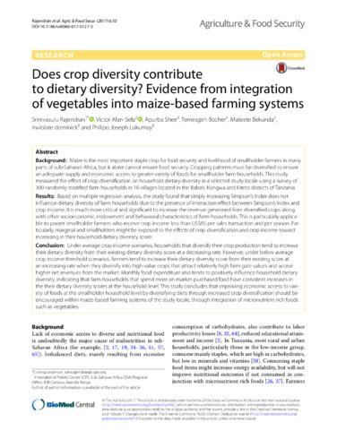 Does crop diversity contribute to dietary diversity? evidence from integration of vegetables into maize‑based farming systems