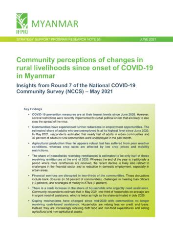 Community perceptions of changes in rural livelihoods since onset of COVID-19 in Myanmar: Insights from Round 7 of the National COVID-19 Community Survey (NCCS) – May 2021