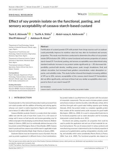Effect of soy protein isolate on the functional, pasting, and sensory acceptability of cassava starch-based custard