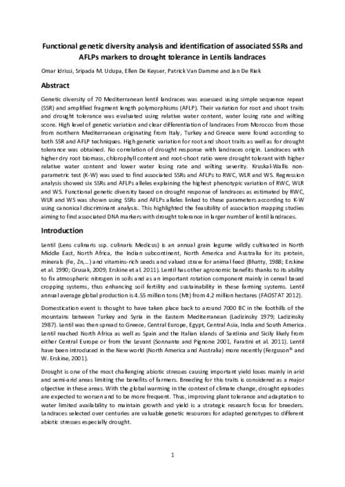 Functional genetic diversity analysis and identification of associated SSRs and AFLPs markers to drought tolerance in Lentils landraces