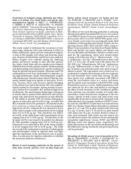 Effects of seed dressing pesticides on the spread of Faba bean necrotic yellows virus on faba bean and Barley yellow dwarf virus-PAV on barley and oat
