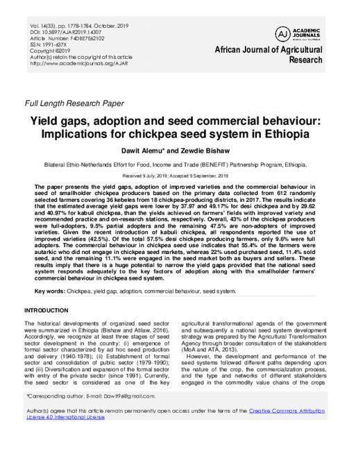 Yield gaps, adoption and seed commercial behaviour: Implications for chickpea seed system in Ethiopia