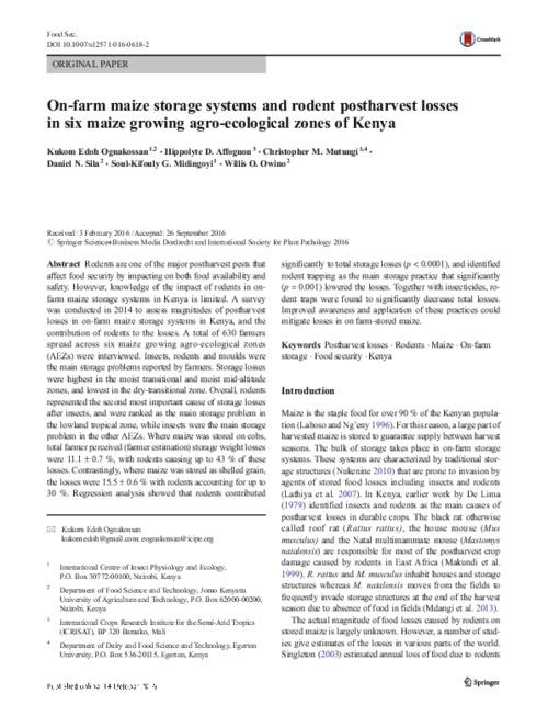 On-farm maize storage systems and rodent postharvest losses in six maize growing agro-ecological zones of Kenya