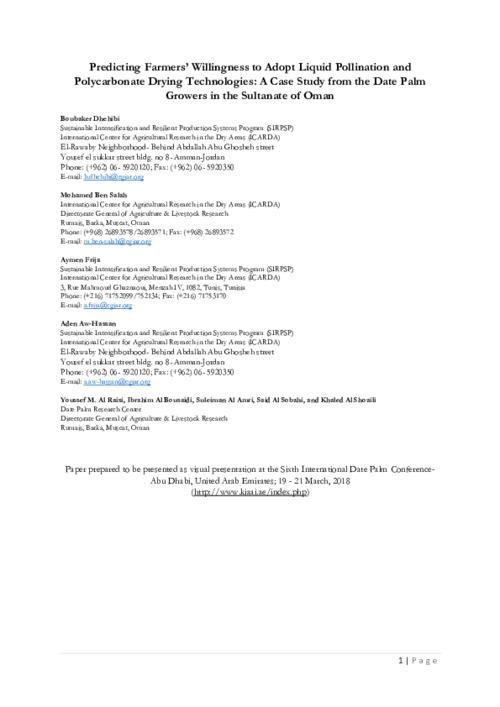 Predicting Farmers’ Willingness to Adopt Liquid Pollination and Polycarbonate Drying Technologies: A Case Study from the Date Palm Growers in the Sultanate of Oman