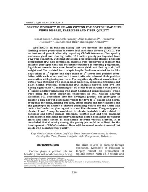 Genetic diversity in upland cotton for cotton leaf curl virus disease, earliness and fiber quality
