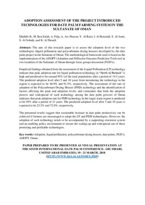 Adoption assessment of the project introduced technologies for date palm farming system in the Sultanate of Oman