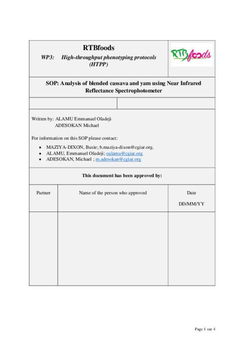 Development of SOP for NIRS spectral measurement on fresh grounded yam tubers and cassava roots