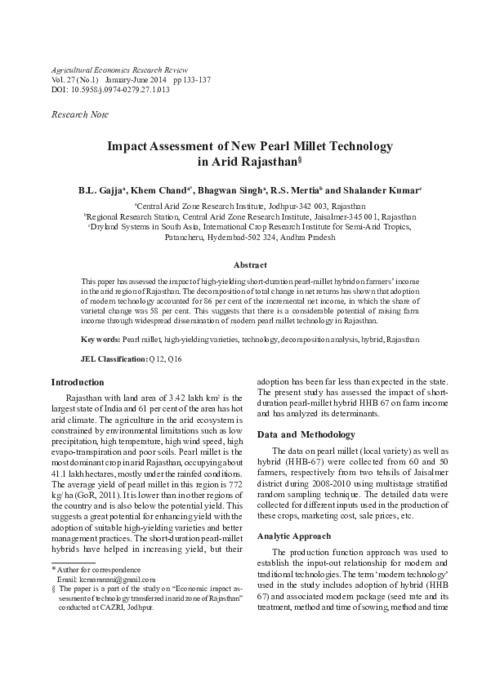 Impact Assessment of New Pearl Millet Technology in Arid Rajasthan