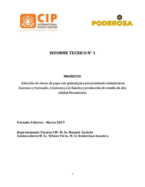2019 Technical Report - Selección de clones de papa con aptitud para procesamiento industrial en bastones y horneado, resistencia a la Rancha y producción de semilla de alta calidad fitosanitaria