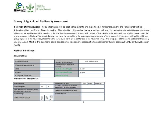 Mali Household Surveys for Agricultural Biodiversity Assessment: Questionnaire (EN)