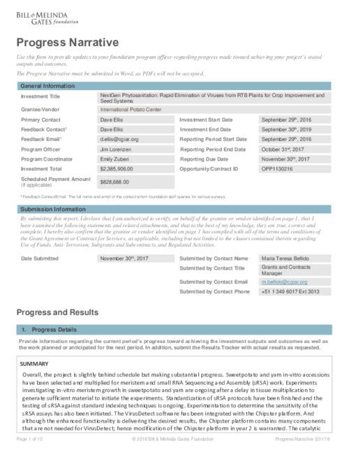 2017 Technical Report - NextGen Phytosanitation: Rapid Elimination of Viruses from RTB Plants for Crop Improvement and Seed Systems