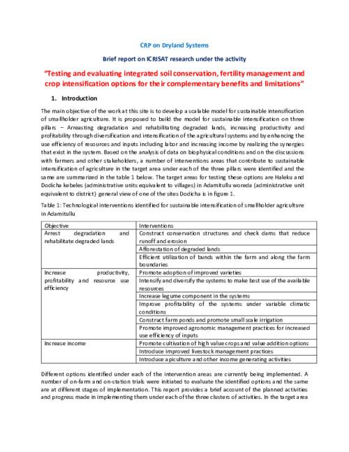 Testing and evaluating integrated soil conservation, fertility management and crop intensification options for their complementary benefits and limitations